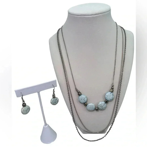 14” Turquoise Tone Dyed Stone Layered Gold Tone Chains Necklace & Earrings Combo - Picture 2 of 10